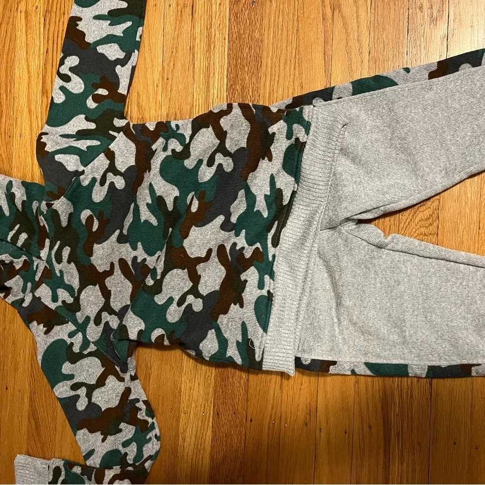 Camouflage and grey knit pants and sweater (fleece lined)